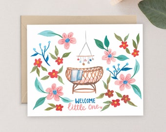 Watercolor Welcome Little One - Newborn Card - Greeting Cards - Single Card - Hand Painted Watercolor - A2