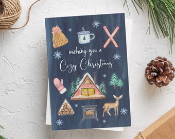 Cozy Christmas - Holiday Card - Cabin Theme - Greeting Card - Single - Hand Painted Watercolor - A2