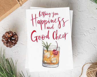 Happiness and Good Cheer - Holiday Card - Greeting Card - Single - Hand Painted Watercolor - A2