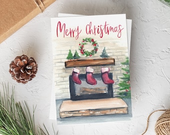 Merry Christmas - Holiday Card - Greeting Card - Single - Hand Painted Watercolor - A2