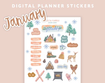 January Digital Sticker Sheet - Winter Stickers - Digital Planner Stickers - Goodnotes - Watercolor Sticker - Bullet Journal