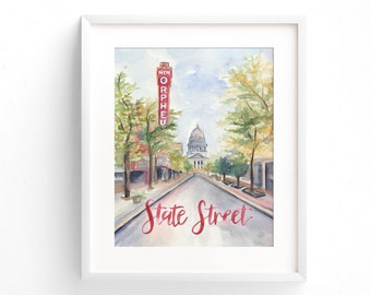 Madison State Street Print - Madison, Wisconsin - Watercolor Prints - Illustration - Art Print - 5x7 - 8x10 - 11x14