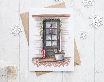 Home for Christmas Card - Holiday Card - Greeting Card - Single - Hand Painted Watercolor - A2