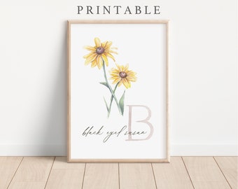 PRINTABLE Black Eyed Susan Floral Art Print - Flower Print - Initial Art - Nursery Watercolor Printable-Wildflower Wall Art-DIGITAL DOWNLOAD