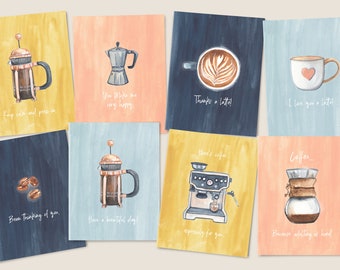 Coffee Card Set - Mixed Card Set - Set of 8 - Coffee Puns - Coffee Art - Greeting Cards - Hand Painted Watercolor - A2