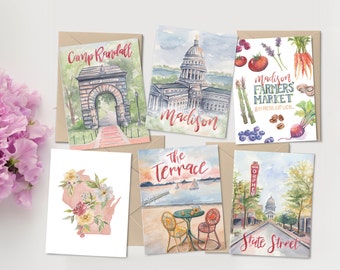 Madison Card Collection - Madison, Wisconsin - Greeting Cards  - Boxed Card Set - Set of 6 - Hand Painted Watercolor - A2