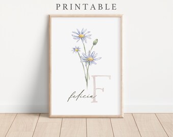 IMPRIMIBLE Felicia Flower Art Print -Impresión de flores silvestres-Letra F Arte inicial-Vivero Acuarela Imprimible-Arte de pared de flores silvestres-DESCARGA DIGITAL