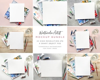 Watercolor Mockup Bundle | Digital Download | Painting Mockup | Watercolor Photo | Artist Website Portfolio Photography | Styled Stock Image