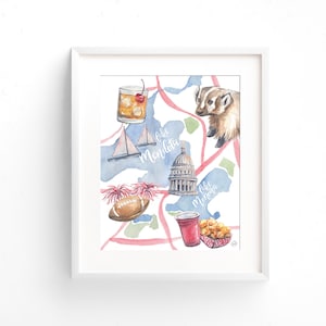 Madison kaart afdrukken - Madison, Wisconsin - aquarelprints - illustratie - Art Print - 5 x 7 - 8 x 10 - 11 x 14