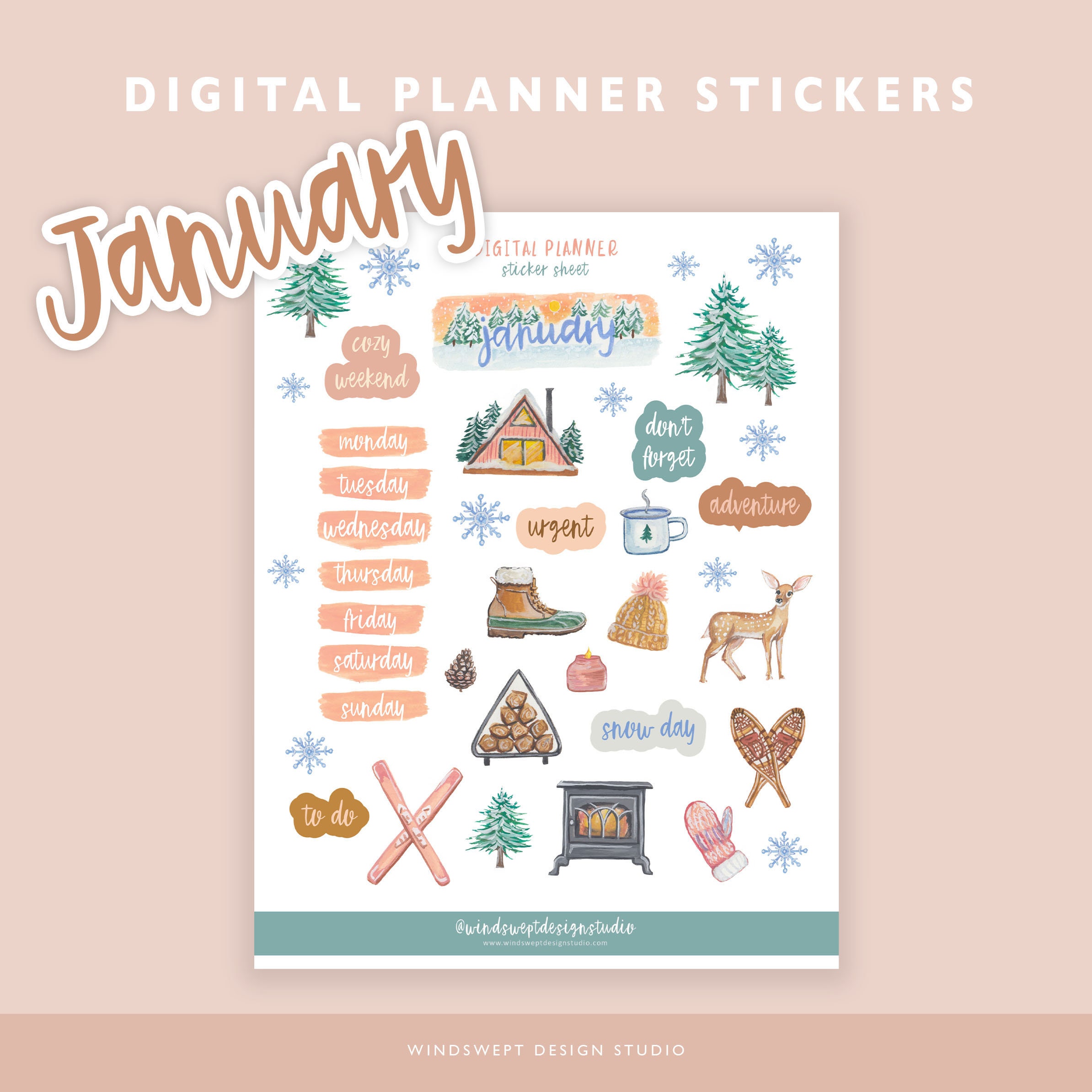 January Winter Snow Stickers, Weight Loss Planner Clipart Add-Ons (B121)