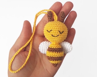 Bee crochet toy Car hanging charm Rear view mirror accessory Figures bee Car accessory for women Car cute decor Amigurumi bee Car seat toy