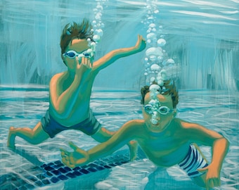 Impresión Giclée de Nadadores Subacuáticos, Arte Firmado por Sarah Soule Webb