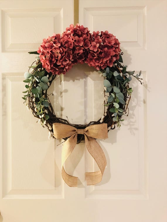 Custom Pink Hydrangea Grapevine Wreath With Natural Burlap Etsy