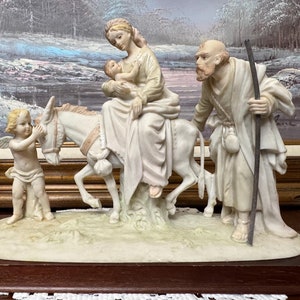 Flight into Egypt Composite Statue of Holy Family on Wood Base 1980&#39;s