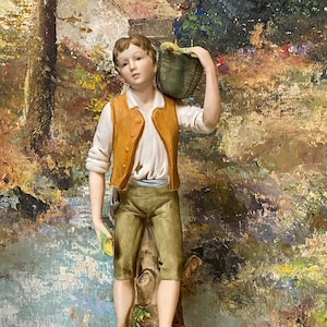 Porcelain Bisque Young Man with Basket of Corn 12&quot; Figurine