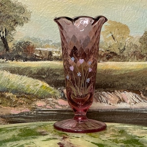 Fenton Diamond Optic Pedestal Vase Hand Painted and Signed