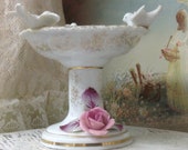 Lefton Porcelain Birdbath Bud Vase Candle Holder with Attached Flower and Birds Figurine