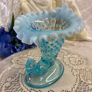 Fenton Hobnail Blue Cornucopia  Candleholder with Ruffled Opalescent Rim