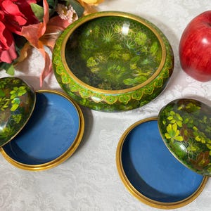 Mid Century Green Floral Cloisonne Collection Enamel on Brass