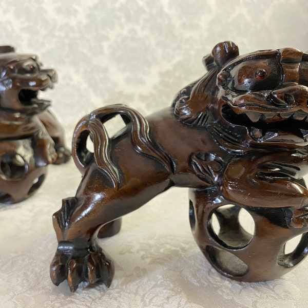 Vintage Pair of Hand Carved Wood Chinese Foo Dogs (Guardian Lions) with Ball