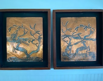 Pair of Framed Impressed Copper Artwork