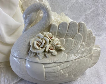 Porcelain White Swan Lidded Box With Applied Roses