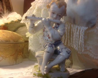 Vintage Porcelain Boy Playing Flute Figurine