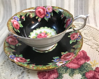 Paragon Teacup and Saucer Double Warrant with Black Tapestry Rose Needlepoint Chintz