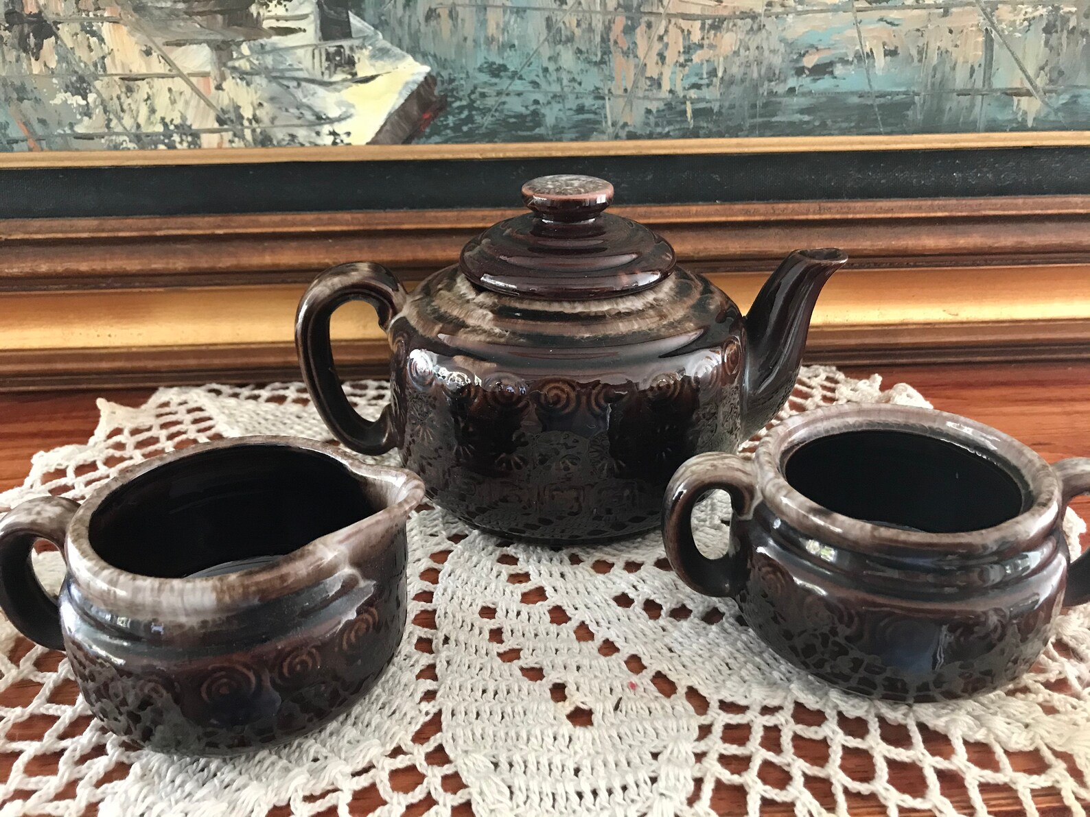 Stackable Teapot With Sugar and Creamer Brown With Relief Etsy