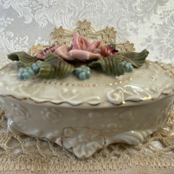 Reina Califa Bone China Lidded Trinket Box with Applied Flowers