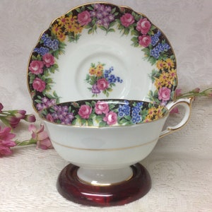 Paragon Teacup and Saucer, Double Queen Warrant, &quot;Old English Garden&quot; Pattern