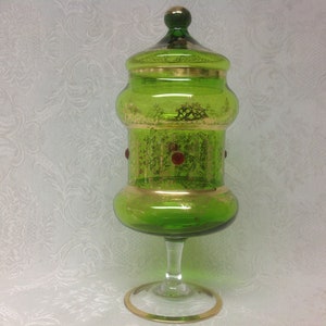 Vintage Bohemian Green Glass Pedestal Jar With Lid