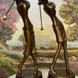 Vintage Pair 12 Man and Woman Brass / Bronze Golf Statues Wearing Golf ...