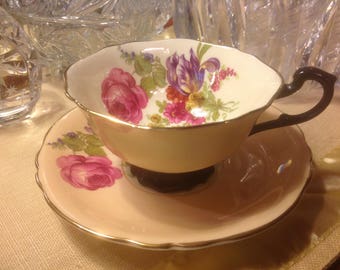 Vintage Paragon Tea Cup and Saucer Double Queen Warrant Peach with Black Handle  Floral Design
