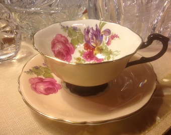 Vintage Paragon Tea Cup and Saucer Double Queen Warrant Peach with Black Handle  Floral Design