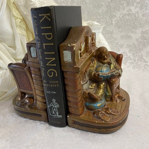 Vintage Chalk Ware Plaster Bookends of Man Reading by Fireplace - Etsy