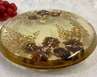 Round Lucite Trivet with Imbedded Floral Elements
