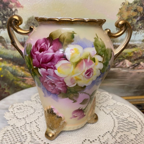 Japanese Urn Vase Hand Painted Floral Design Three Footed and Handled Mid Century Norleans.