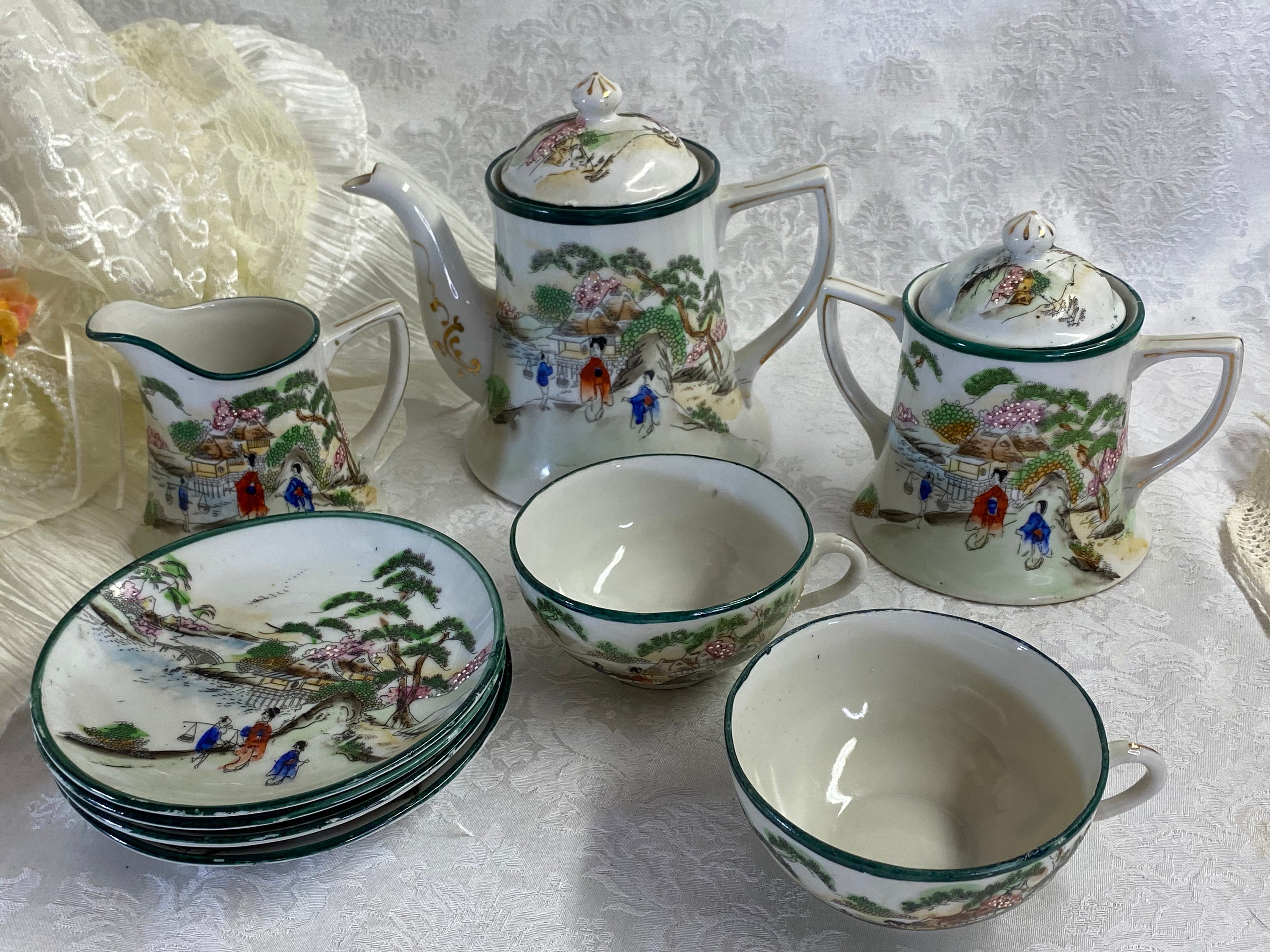 Vintage Japanese Tea Set for Two With Tori or Gate of Honor