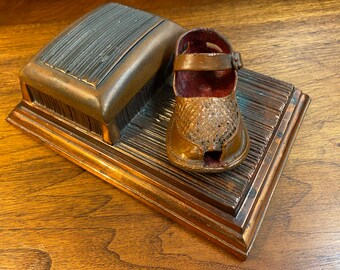 Mid Century Bronzed Baby Shoe Sandal on Pedestal with Attached Bronze Lidded Trinket Storage Box