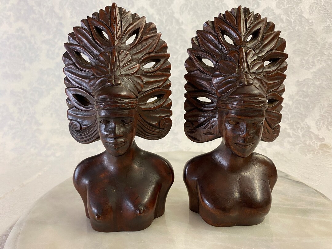 Carved Wood Tribal Man and Woman Busts With Headdress Mabini Handicraft ...
