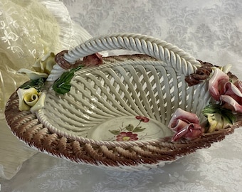 Capodimonte Vintage Porcelain Woven Basket with Applied Flowers