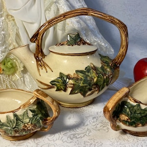 Vintage McCoy Ivy Teapot Creamer and Sugar with Branch Handle 1940s