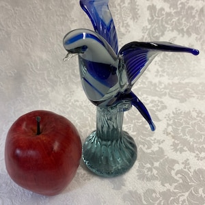 Hand Blown Glass Blue and White Bird on Glass Pedestal