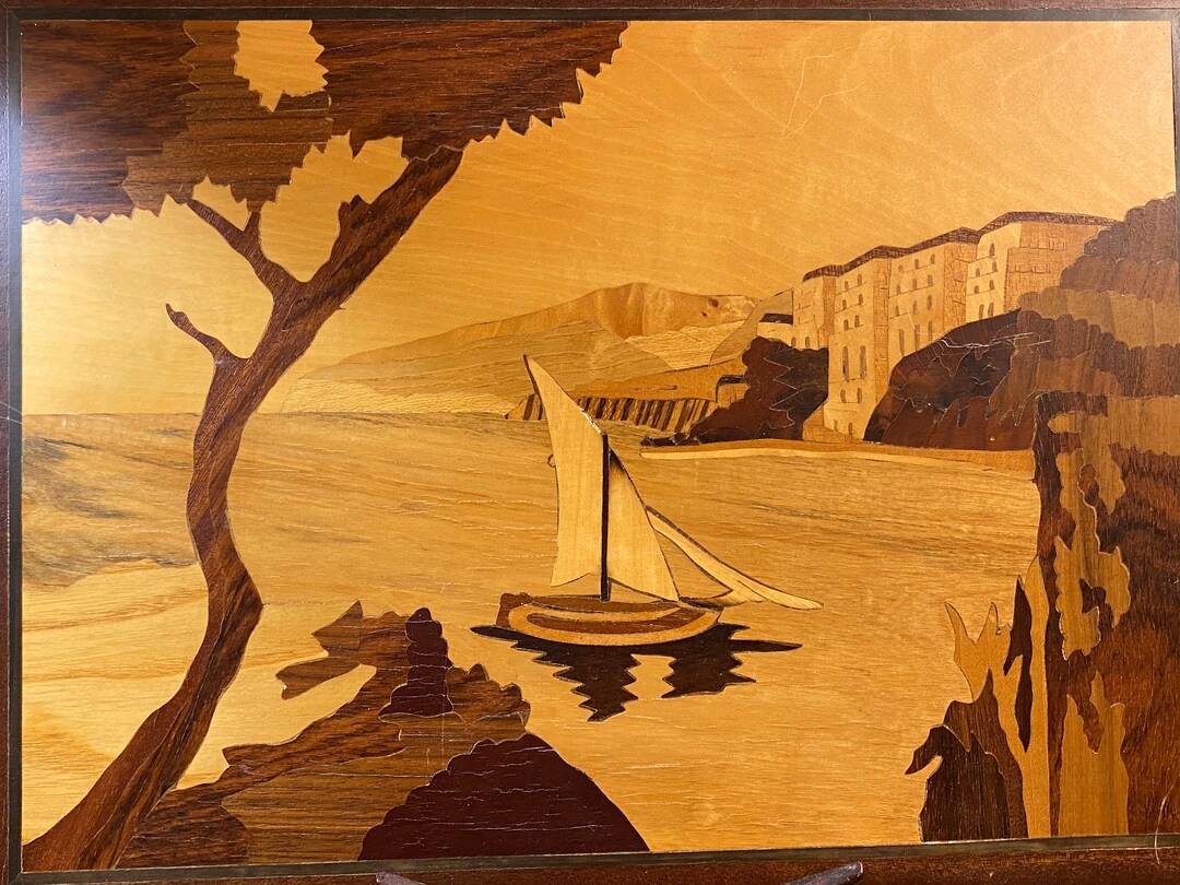 Wood Inlay Veneer Marquetry Sailboat and Harbor Scene 11 X 15 Wall