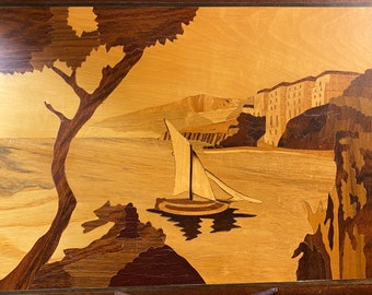 Wood Inlay Veneer Marquetry Sailboat and Harbor Scene 11 x 15 Wall Hanging