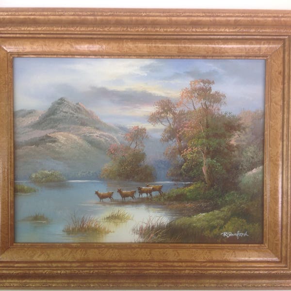 Vintage R. Danford Original Oil Painting of Landscape Scene with Bovidae Cattle / Wildebeests by a River