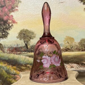 Fenton Pink Diamond Optic Glass Bell with Hand-Painted Pink Roses and Signed by Artist