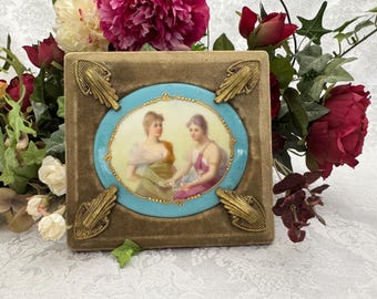 Vintage Hand Painted Porcelain Portrait  Plaque of Two Women Sevres Style