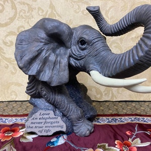 Herco Elephant Bust Figurine Statuette with Raised Trunk and Inspirational Quote